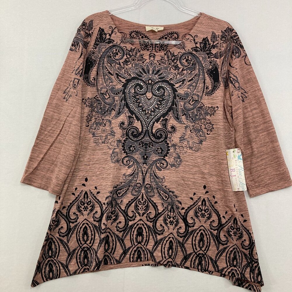 New‎ Rue Juju size Large Abstract Boho Embellished 3/4 Sleeve Stretch Top